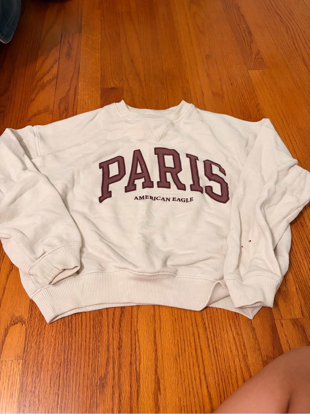American Eagle Outfitters Cream Crewneck with Burgundy PARIS Appliqué
